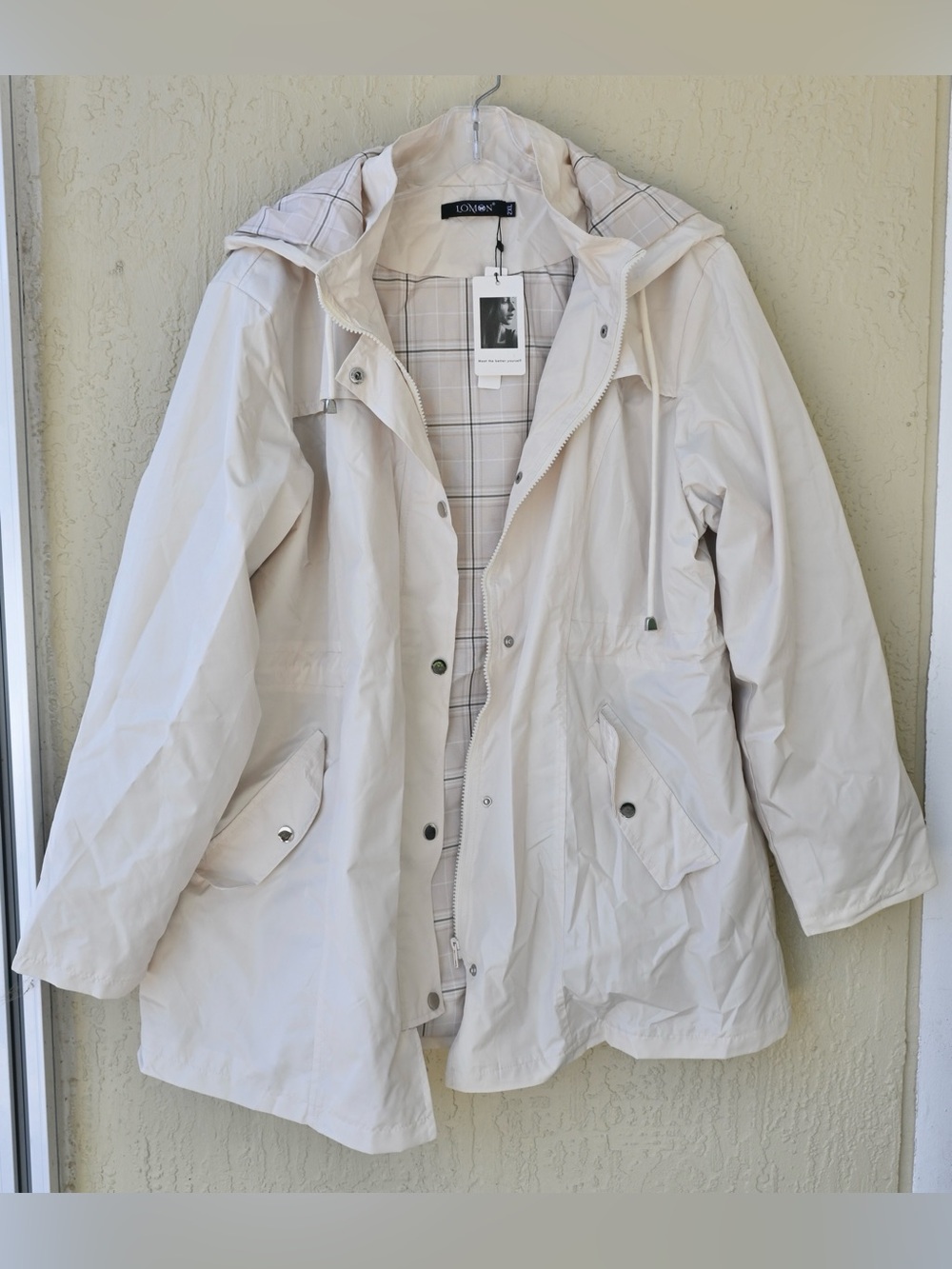 Lomon Women's Light Cream Hooded Raincoat Utility Jacket
